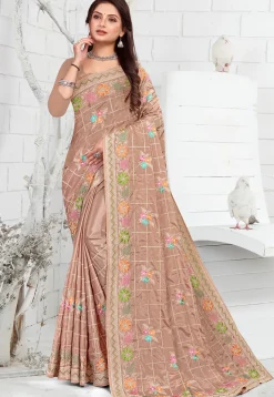 Embroidered Crepe Saree in Brown