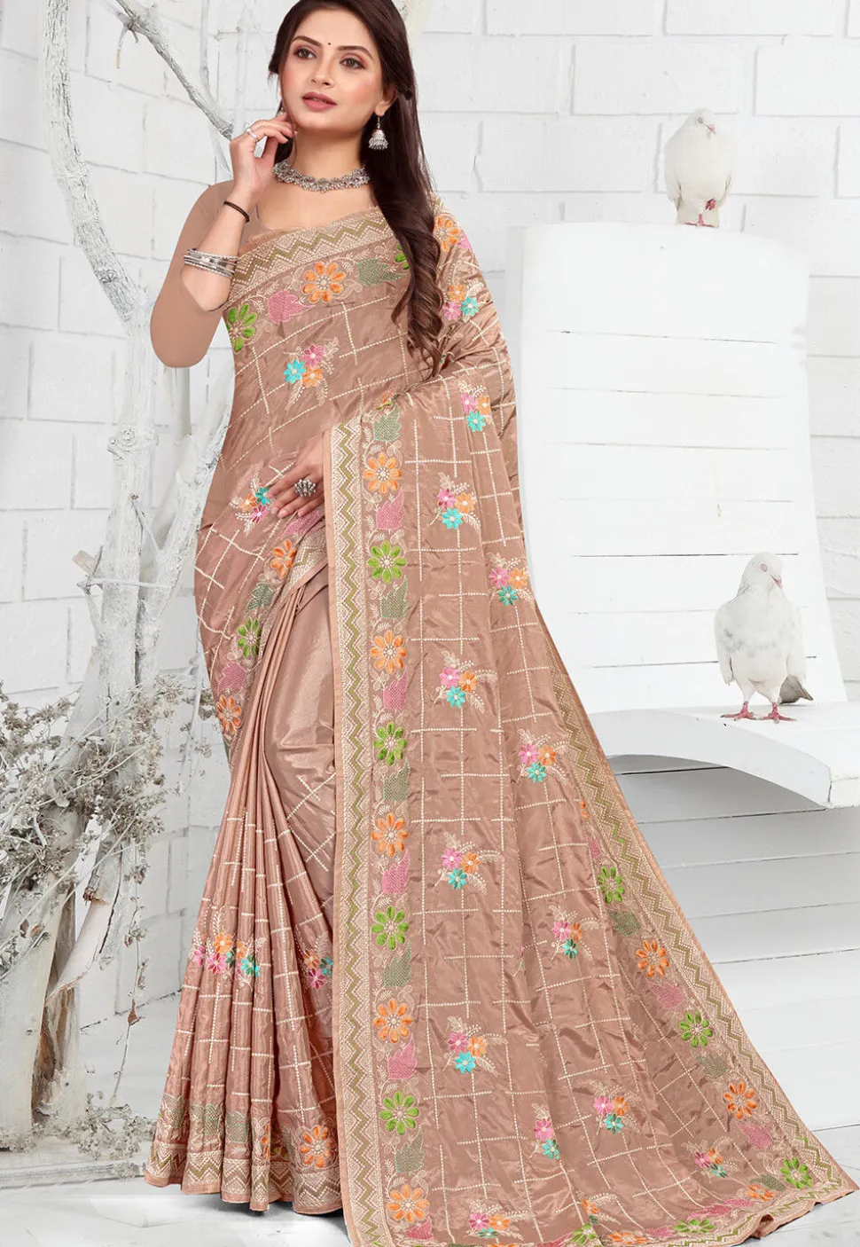 Embroidered Crepe Saree in Brown