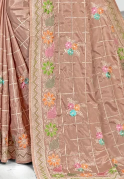 Embroidered Crepe Saree in Brown