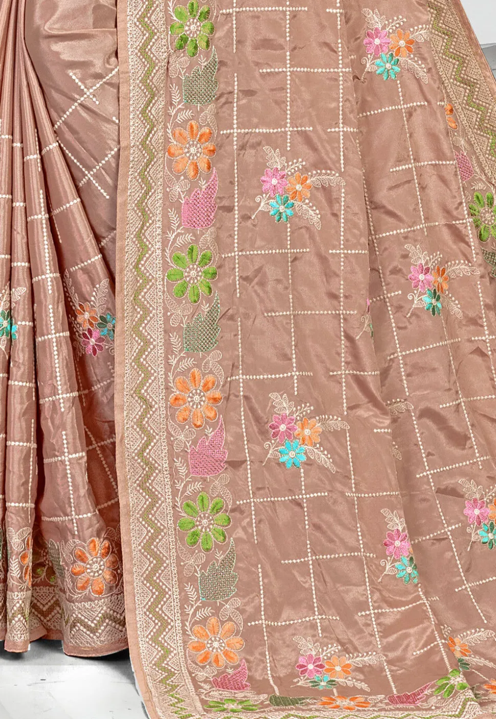 Embroidered Crepe Saree in Brown
