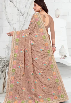 Embroidered Crepe Saree in Brown