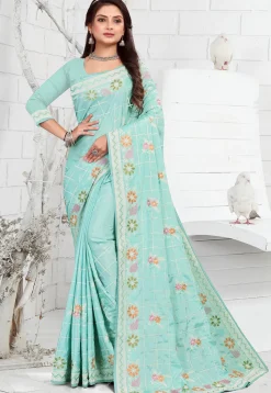 Embroidered Crepe Saree in Light Blue