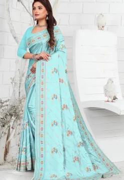 Embroidered Crepe Saree in Sky Blue