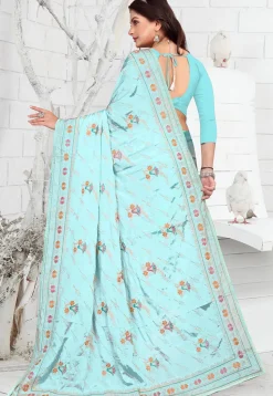 Embroidered Crepe Saree in Sky Blue