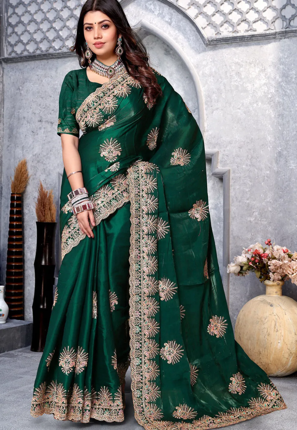 Embroidered Crepe Saree in Teal Green