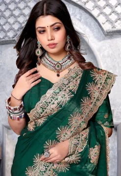 Embroidered Crepe Saree in Teal Green