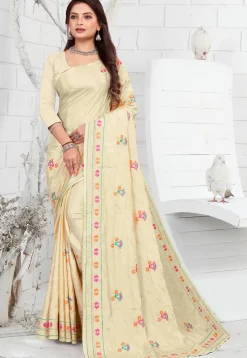 Embroidered Crepe Saree in Cream