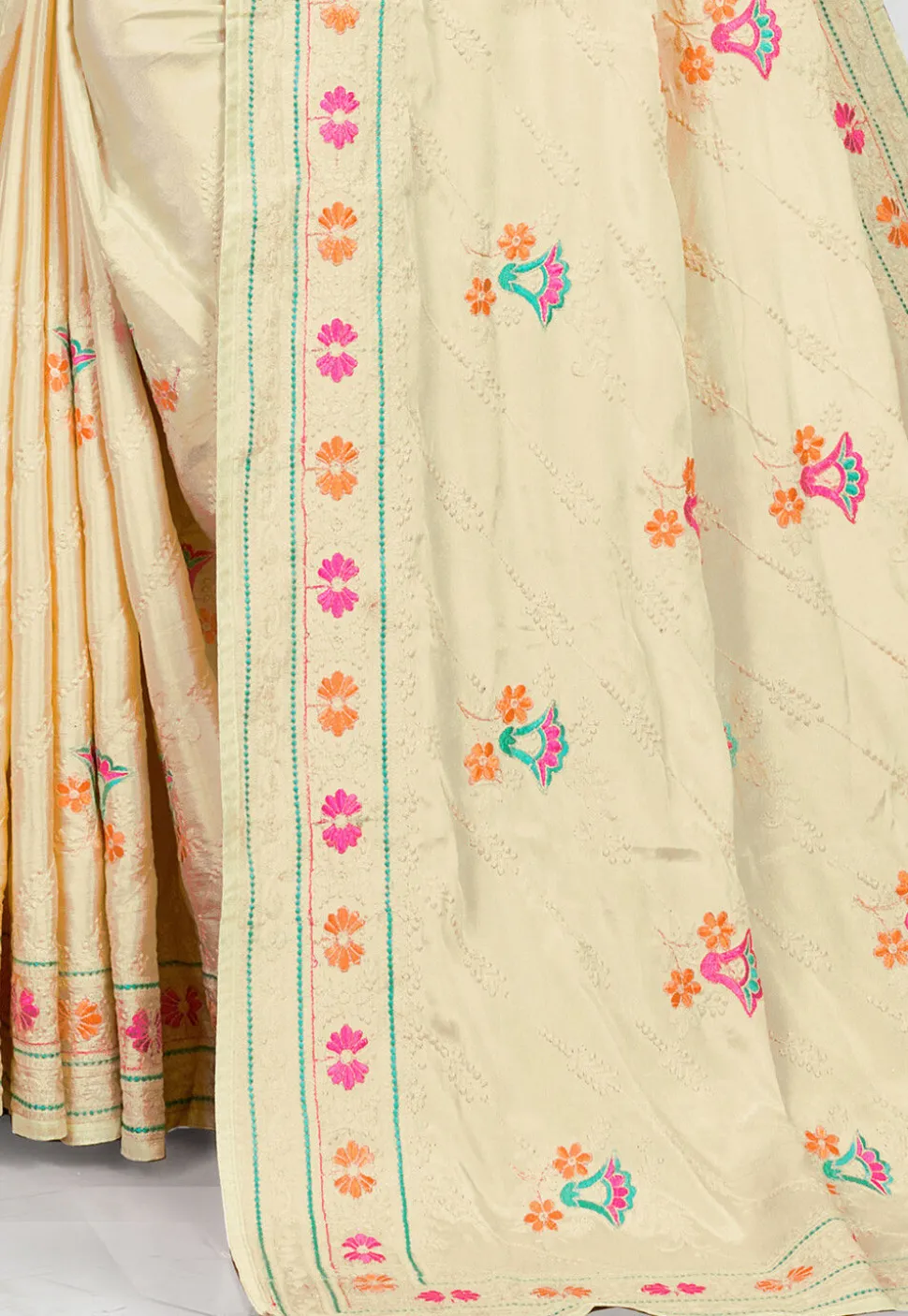 Embroidered Crepe Saree in Cream