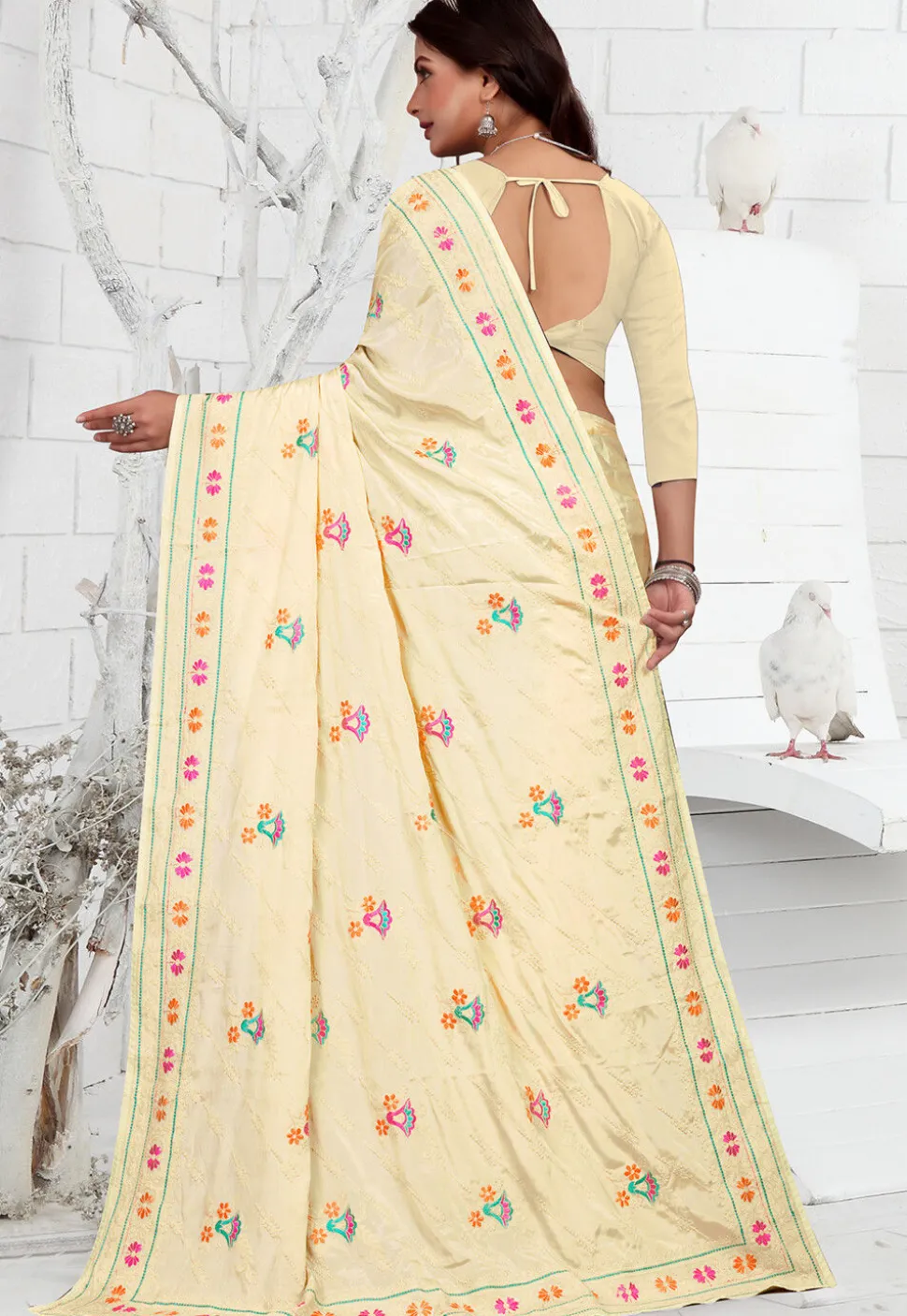 Embroidered Crepe Saree in Cream