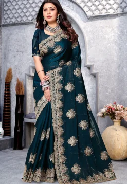 Embroidered Crepe Saree in Teal Blue