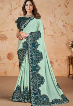 Embroidered Crepe Saree in Sea Green