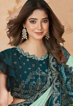 Embroidered Crepe Saree in Sea Green