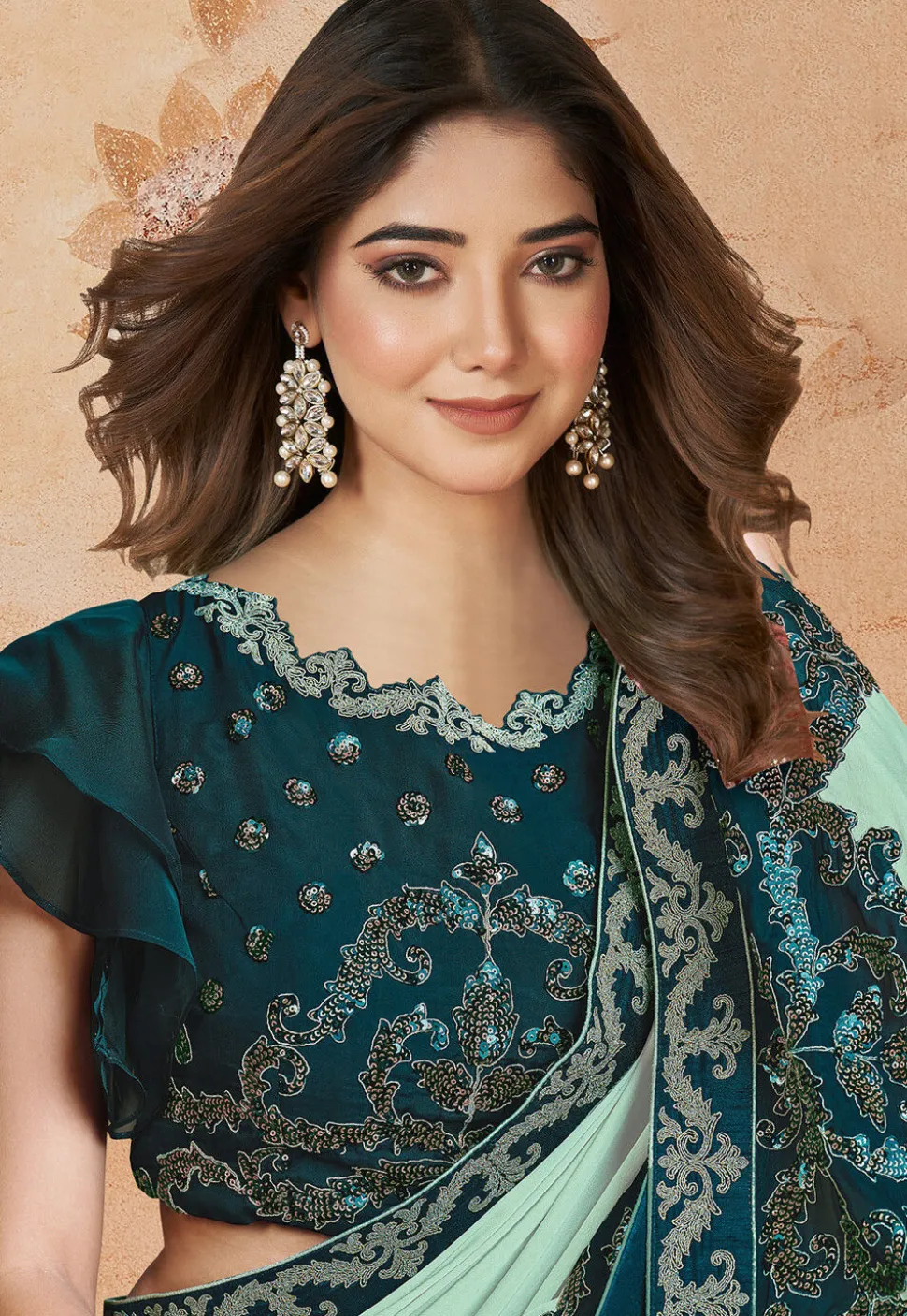 Embroidered Crepe Saree in Sea Green