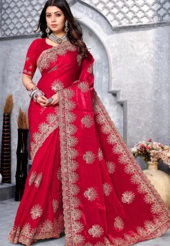 Embroidered Crepe Saree in Fuchsia