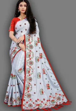 Embroidered Crepe Saree in Light Grey