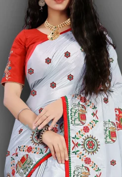 Embroidered Crepe Saree in Light Grey