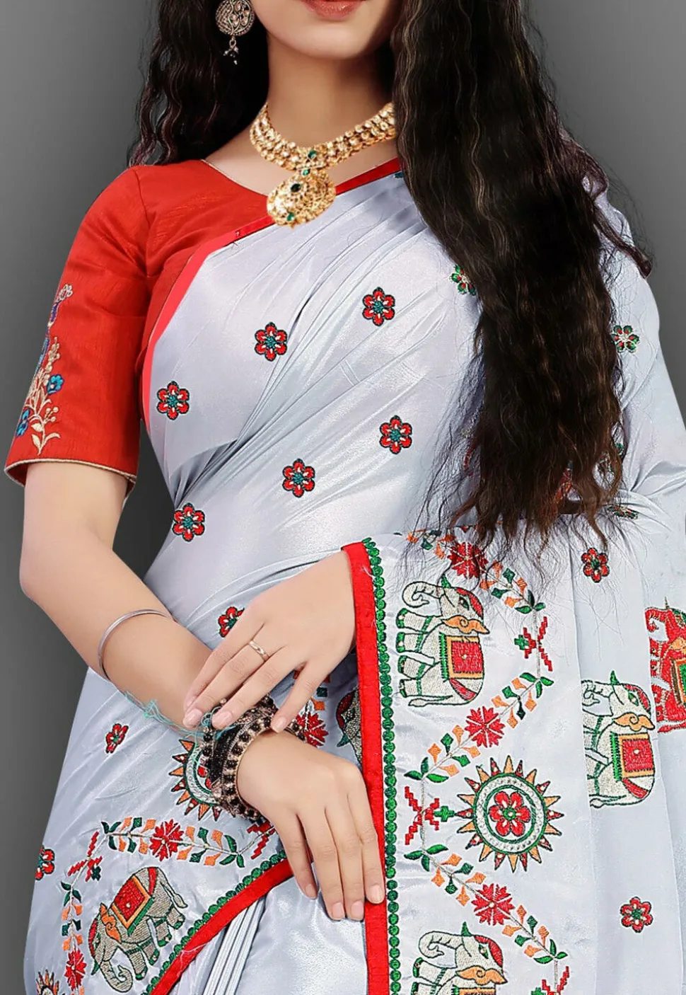 Embroidered Crepe Saree in Light Grey
