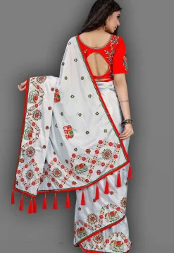 Embroidered Crepe Saree in Light Grey
