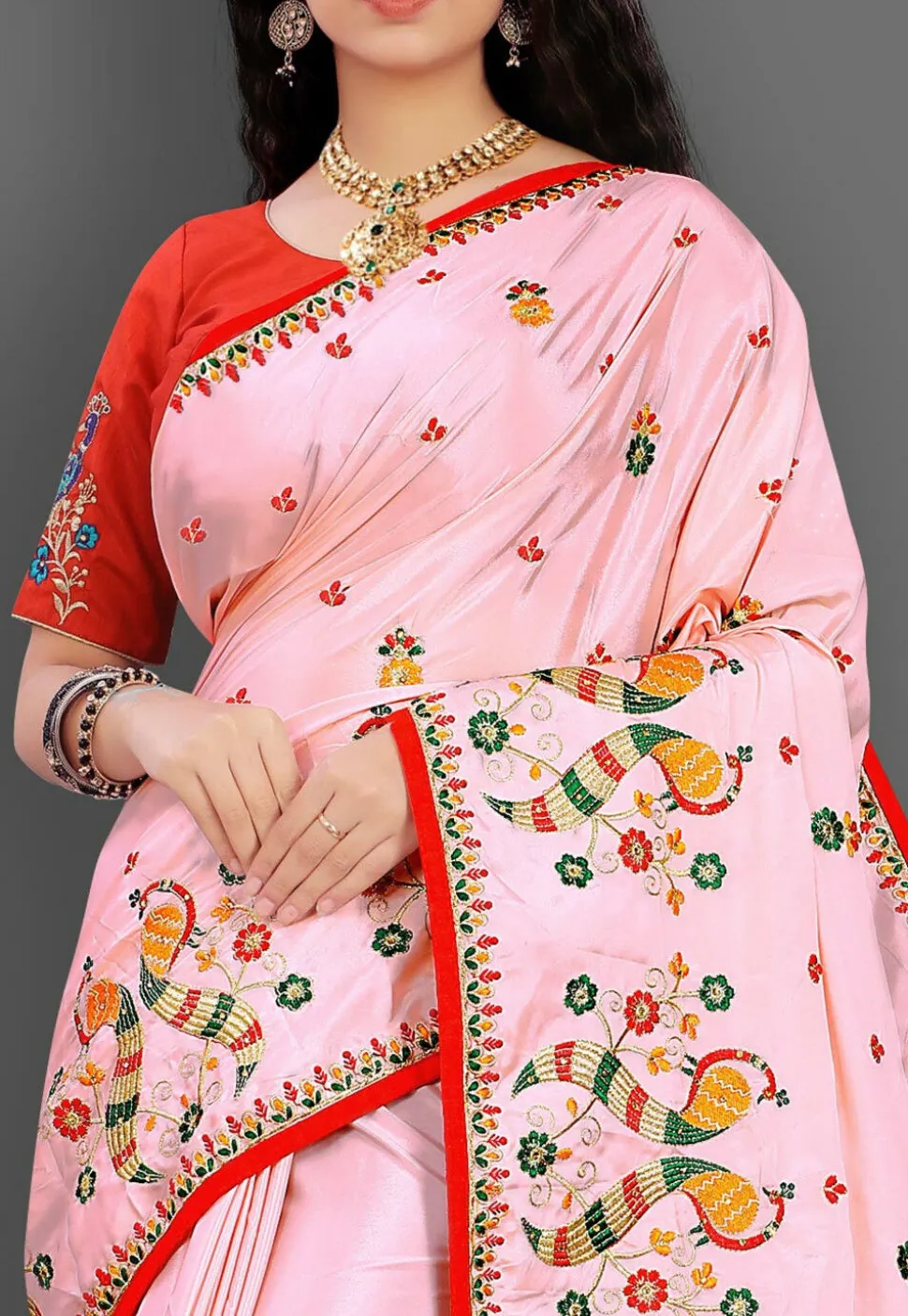 Embroidered Crepe Saree in Light Pink