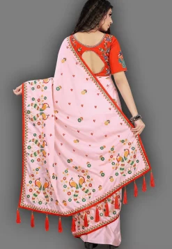 Embroidered Crepe Saree in Light Pink