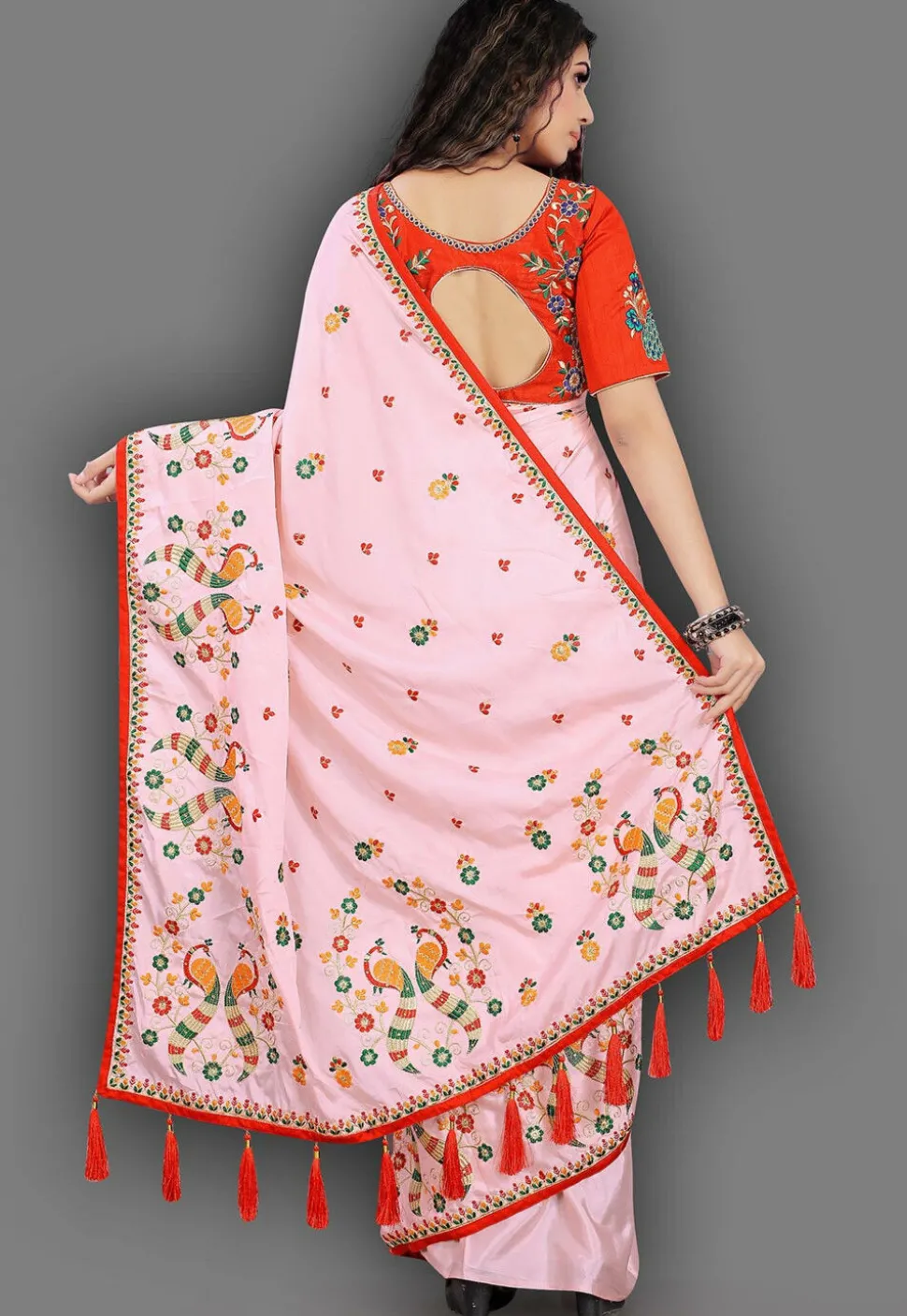 Embroidered Crepe Saree in Light Pink