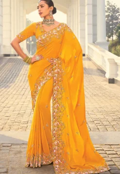 Embroidered Crepe Scalloped Saree in Mustard