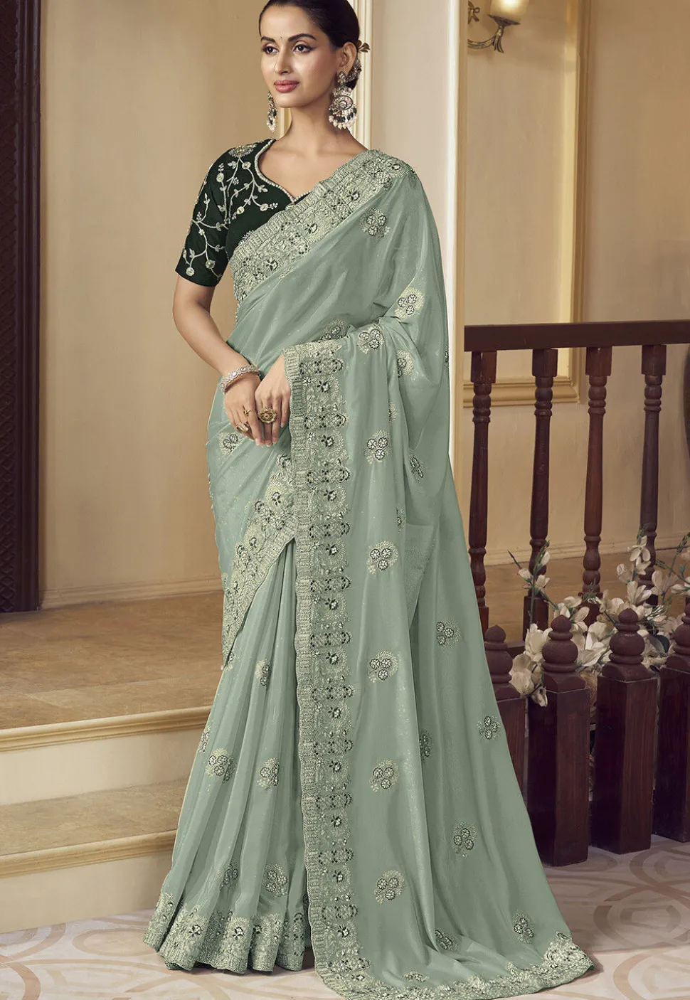 Embroidered Crepe Scalloped Saree in Dusty Green
