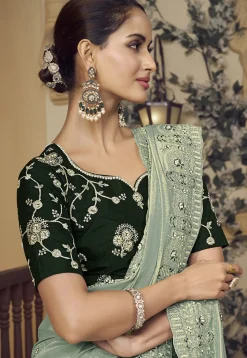 Embroidered Crepe Scalloped Saree in Dusty Green