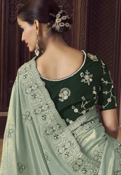 Embroidered Crepe Scalloped Saree in Dusty Green