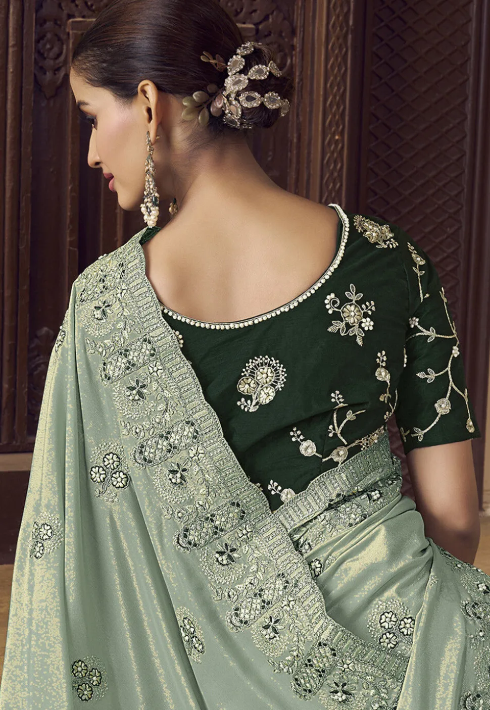 Embroidered Crepe Scalloped Saree in Dusty Green