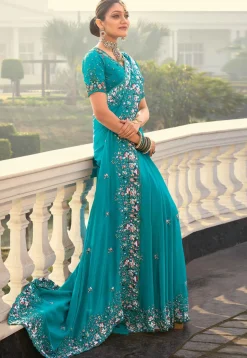 Embroidered Crepe Scalloped Saree in Blue