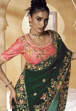 Embroidered Crepe Scalloped Saree in Dark Green