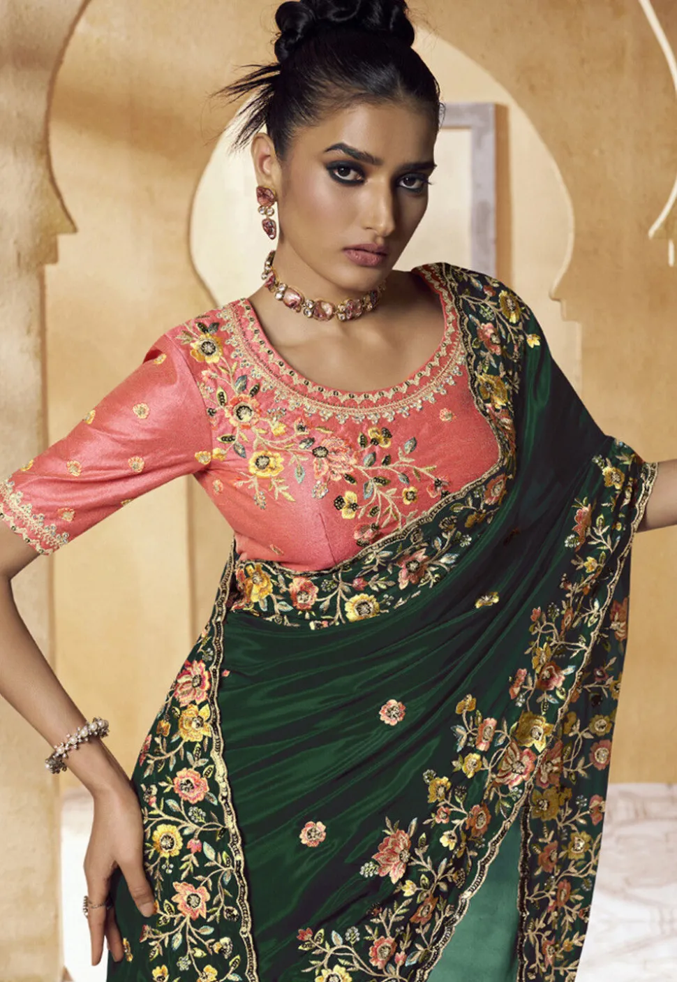 Embroidered Crepe Scalloped Saree in Dark Green