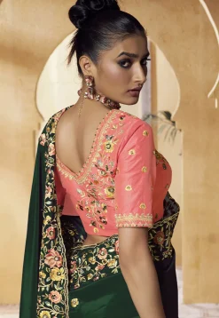 Embroidered Crepe Scalloped Saree in Dark Green