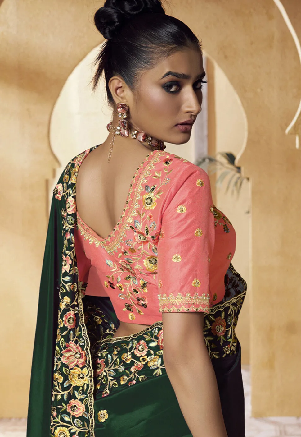 Embroidered Crepe Scalloped Saree in Dark Green