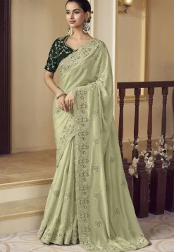 Embroidered Crepe Scalloped Saree in Light Green