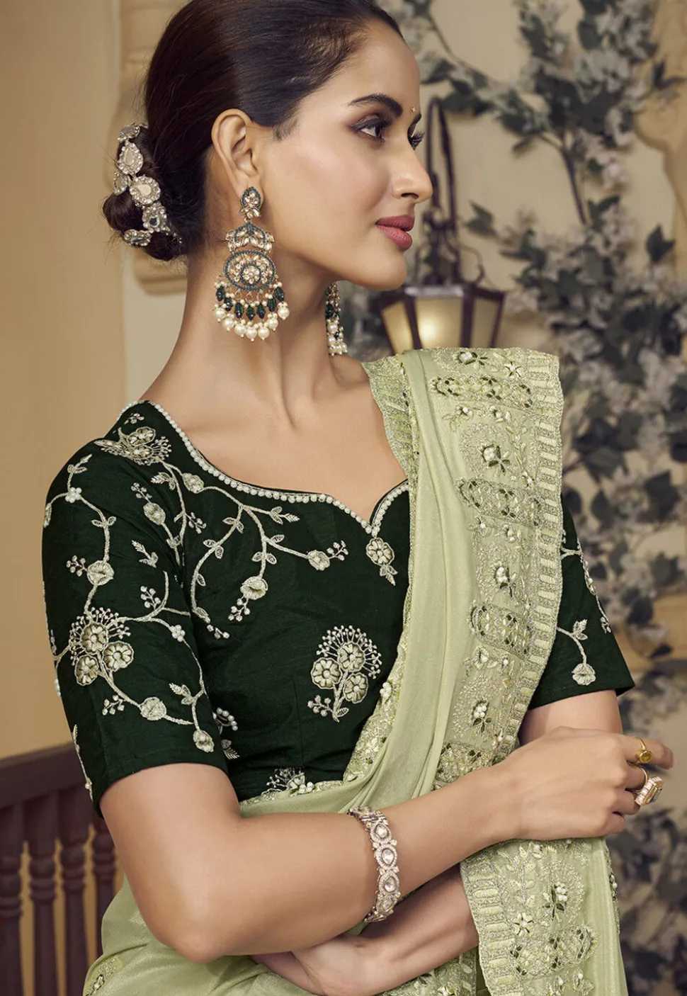Embroidered Crepe Scalloped Saree in Light Green