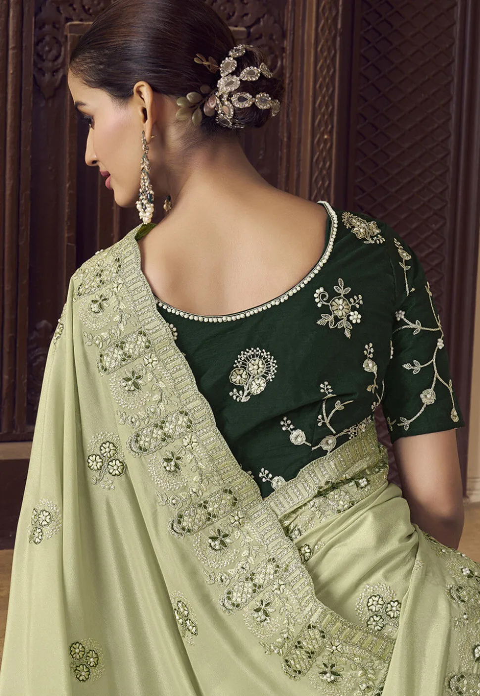 Embroidered Crepe Scalloped Saree in Light Green