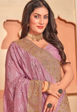 Embroidered Crepe Scalloped Saree in Pink