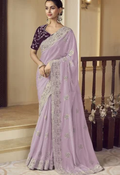 Embroidered Crepe Scalloped Saree in Light Purple
