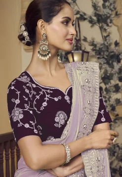 Embroidered Crepe Scalloped Saree in Light Purple