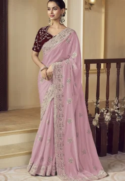 Embroidered Crepe Scalloped Saree in Pink