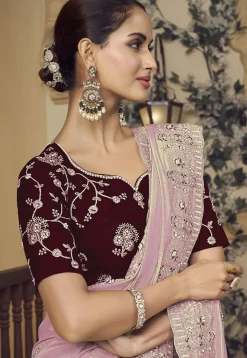 Embroidered Crepe Scalloped Saree in Pink