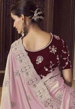 Embroidered Crepe Scalloped Saree in Pink