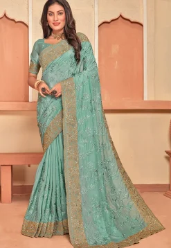 Embroidered Crepe Scalloped Saree in Sea Green