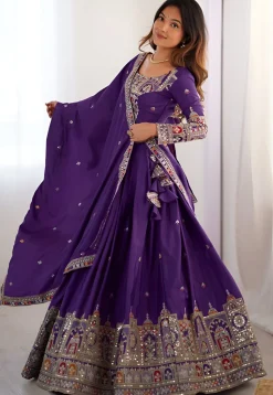 Embroidered Crepe Silk Lehenga in Purple
