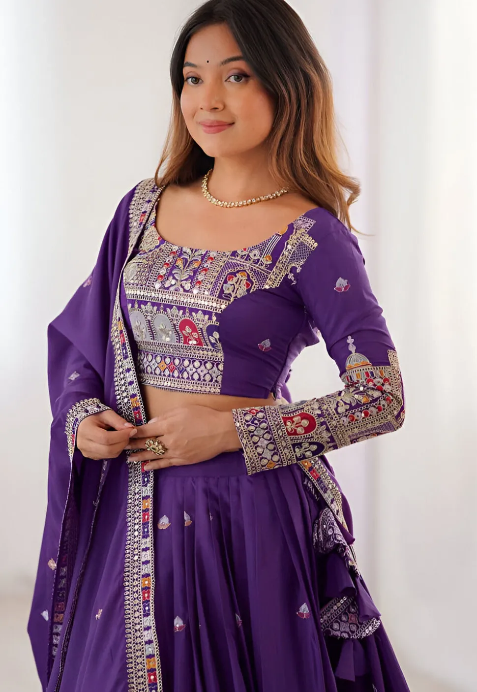 Embroidered Crepe Silk Lehenga in Purple
