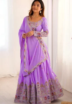Embroidered Crepe Silk Lehenga in Purple