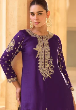 Embroidered Crepe Silk Punjabi Suit in Purple