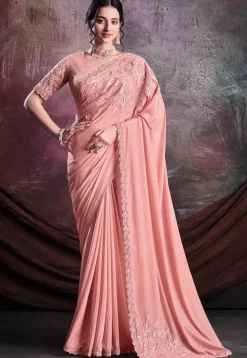 Embroidered Crepe Silk Saree in Peach